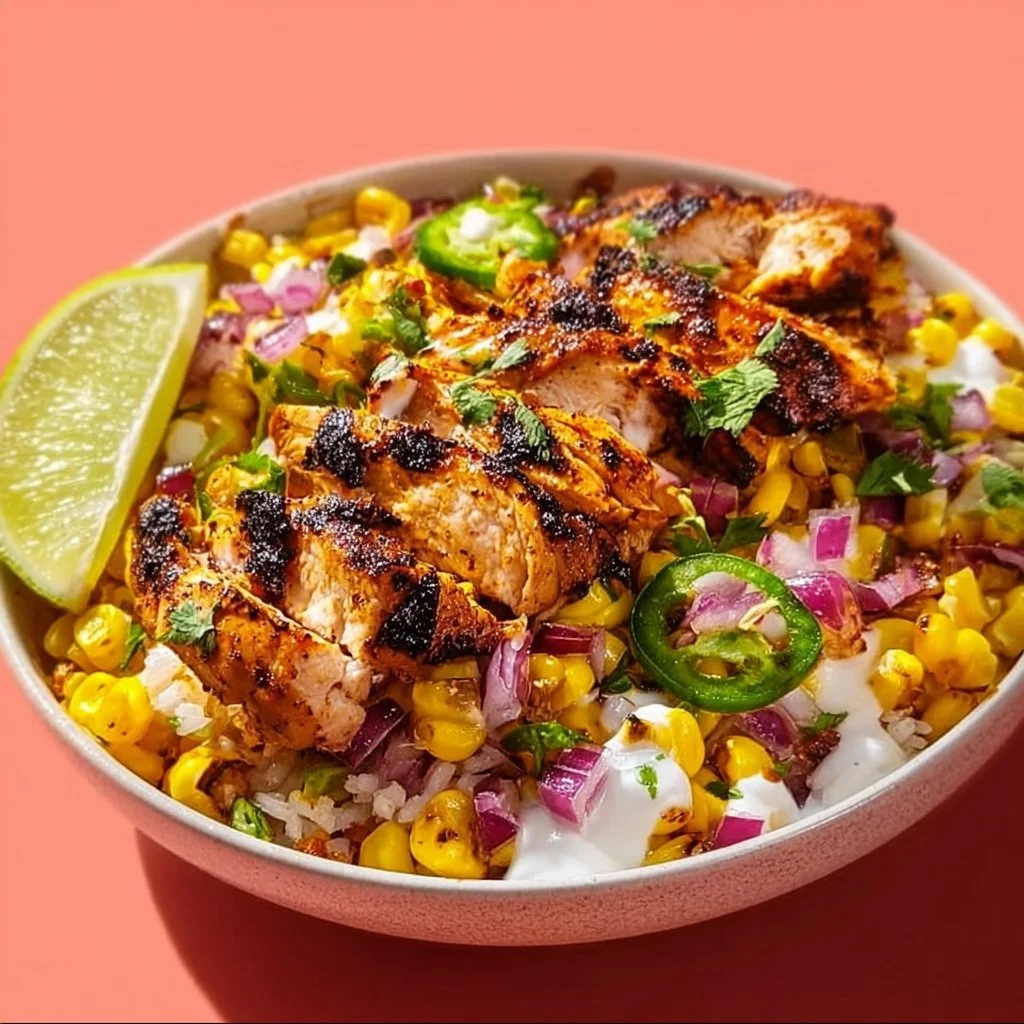 Delicious Easy Street Corn Chicken Rice Bowl with fresh ingredients