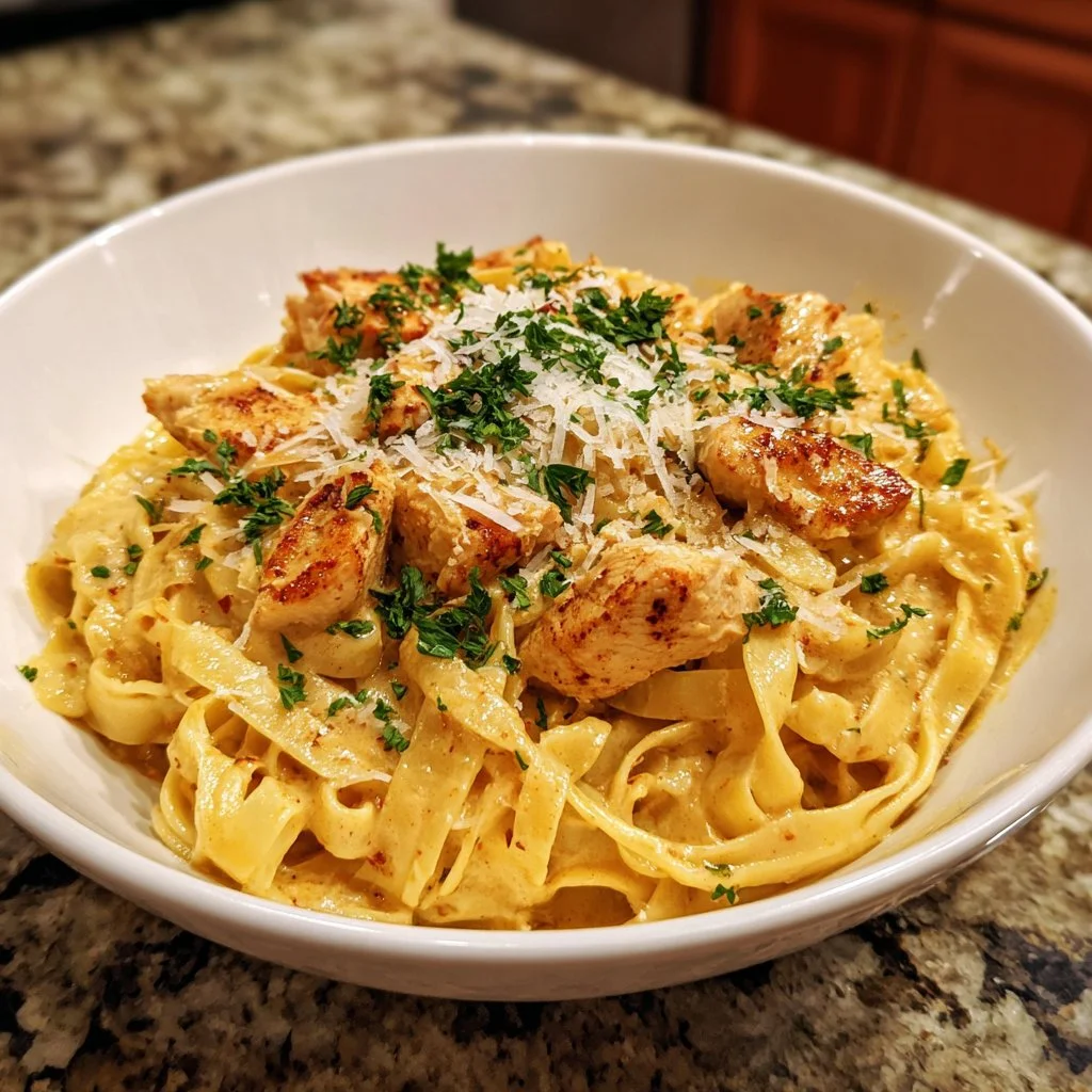Creamy Cajun chicken pasta topped with herbs on a plate