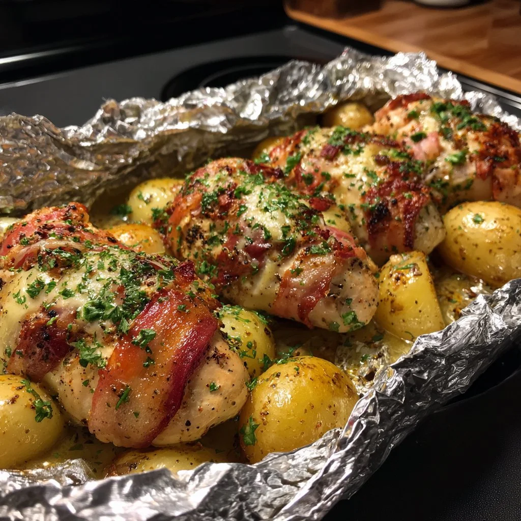 Delicious foil-wrapped chicken dinners ready to serve with seasonal vegetables.