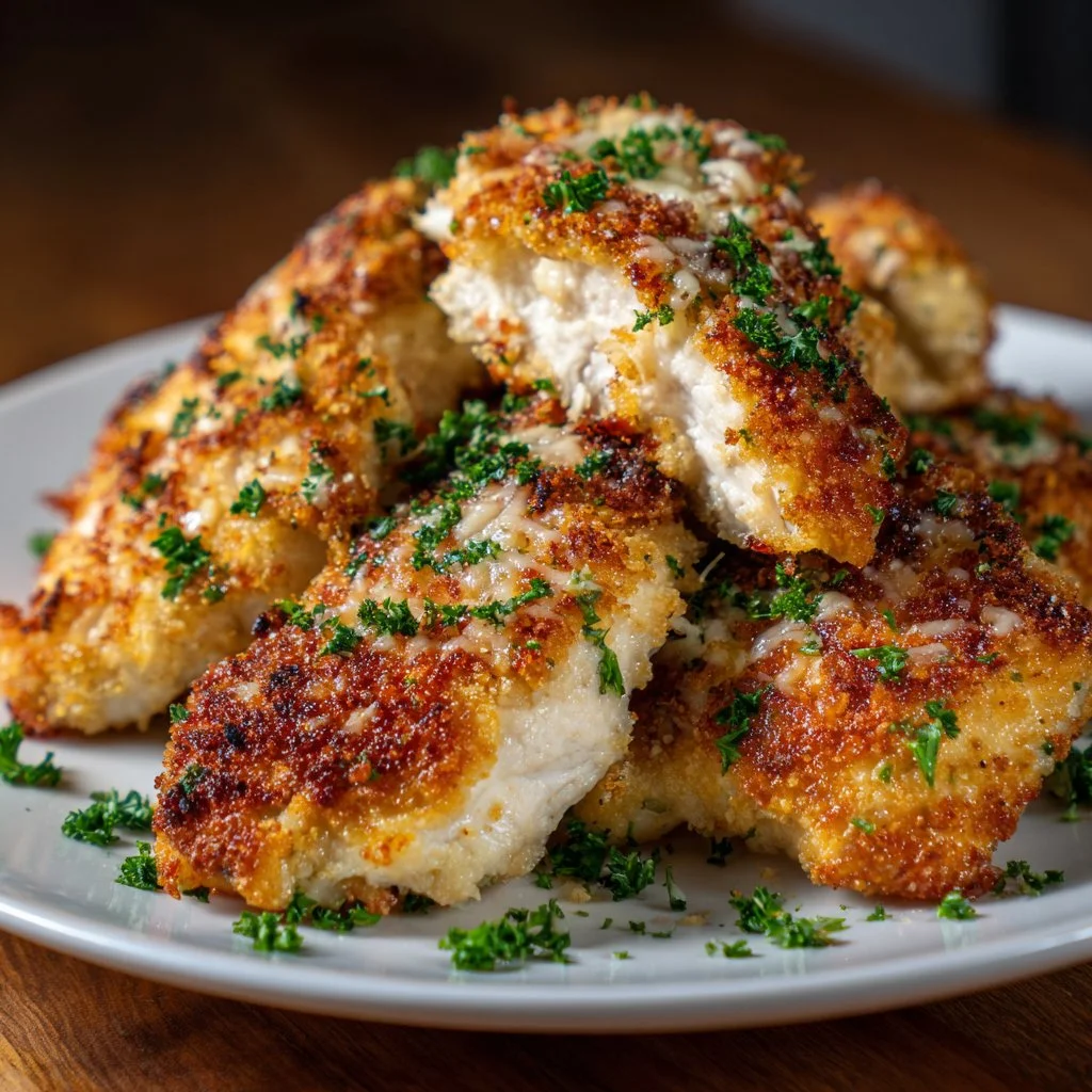 Delicious Garlic Parmesan Chicken Bake served on a plate with herbs