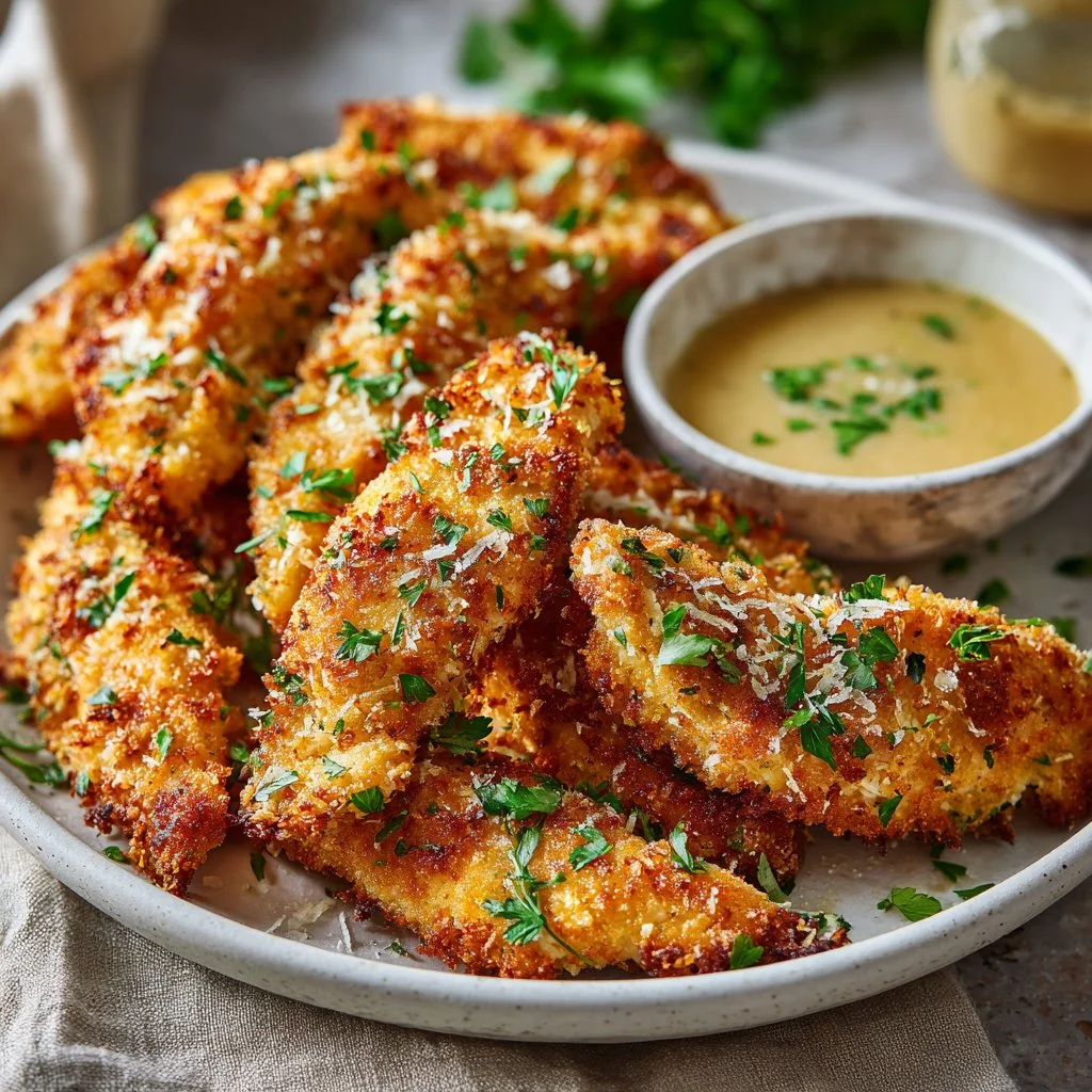 Crispy Garlic Parmesan Chicken Tenders served on a rustic plate