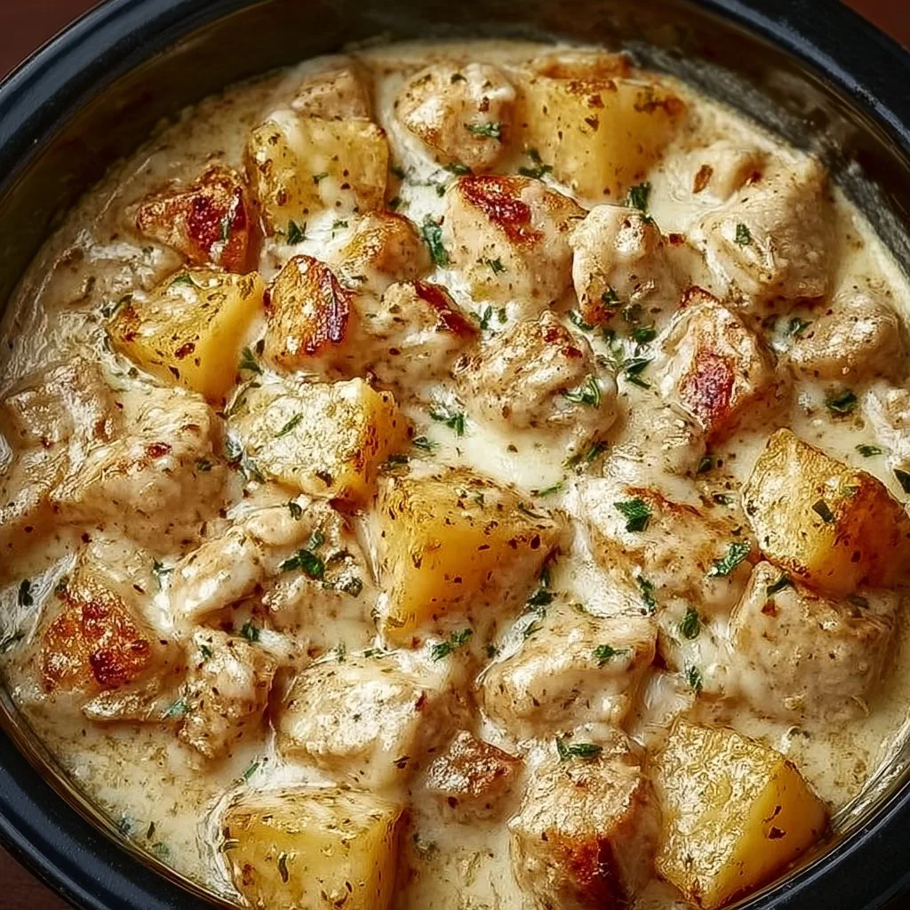 Delicious Garlic Parmesan Chicken and potatoes cooked in a Crockpot.
