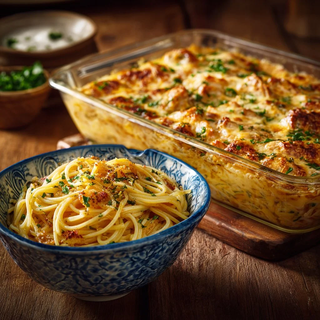 Plate of gourmet chicken spaghetti topped with herbs and cheese