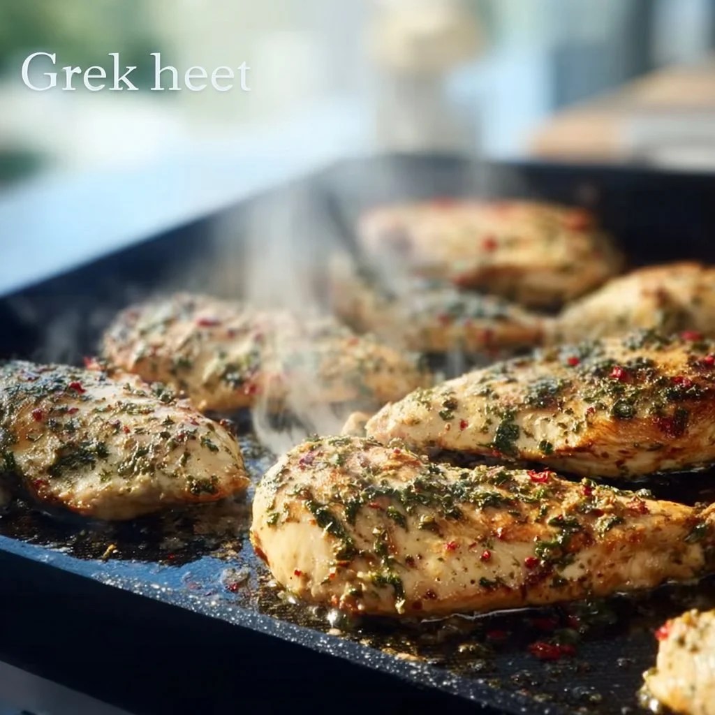 Plate of flavorful Greek Chicken with herbs and vegetables