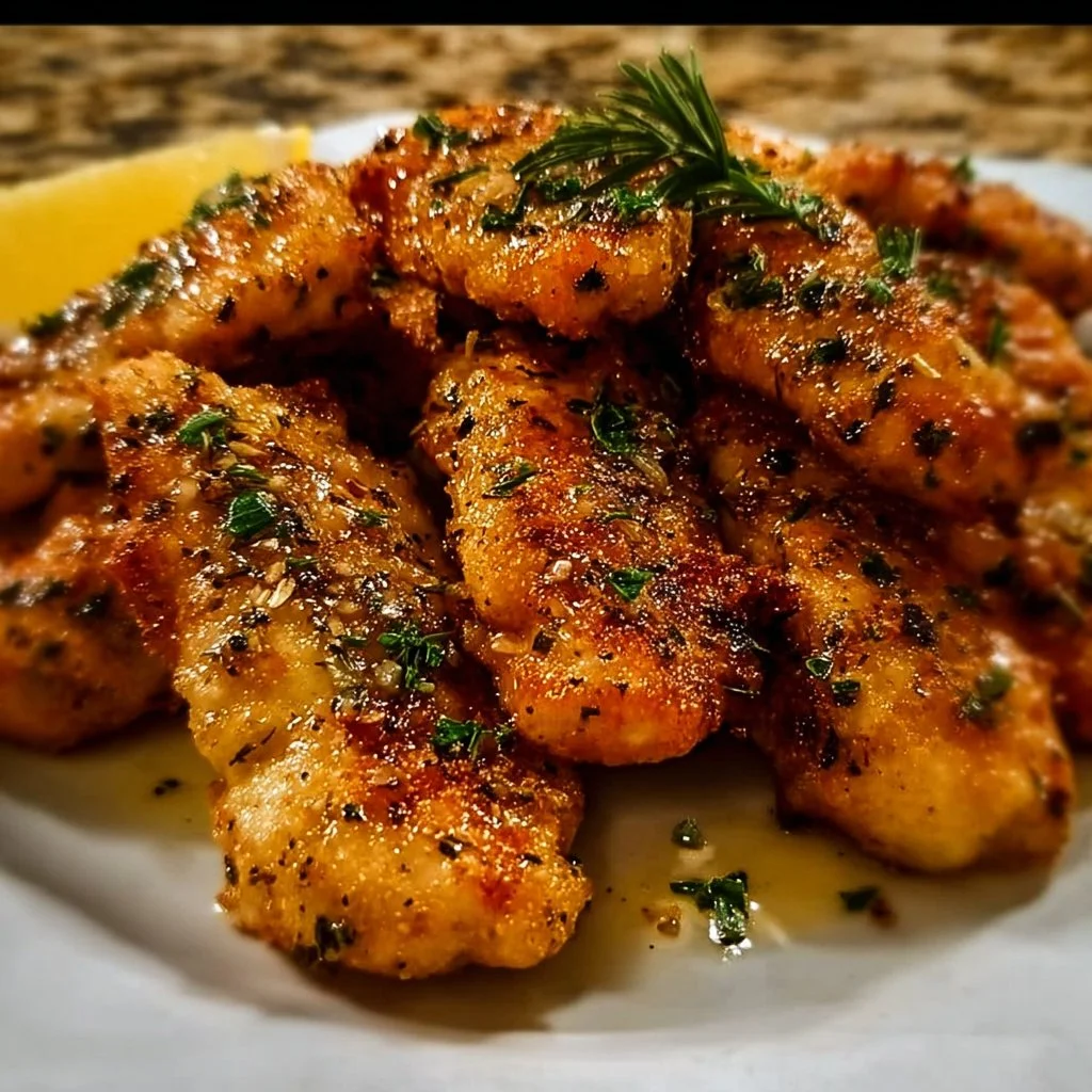 Plate of Greek Chicken Tenders garnished with herbs and served with tzatziki sauce.