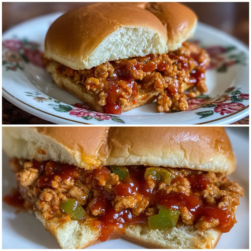 Plate of ground chicken sloppy joes with bun and toppings