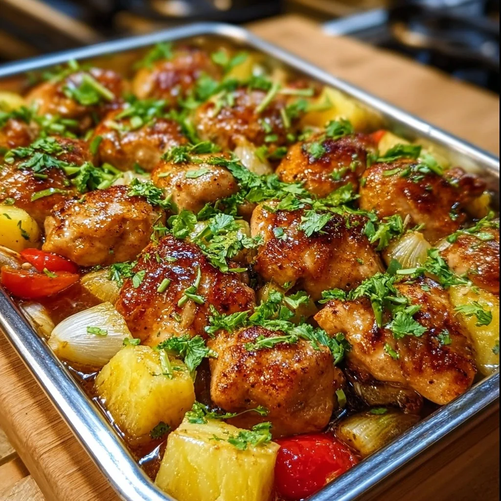 Hawaiian Chicken Sheet Pan cooked with vibrant vegetables and tropical flavors