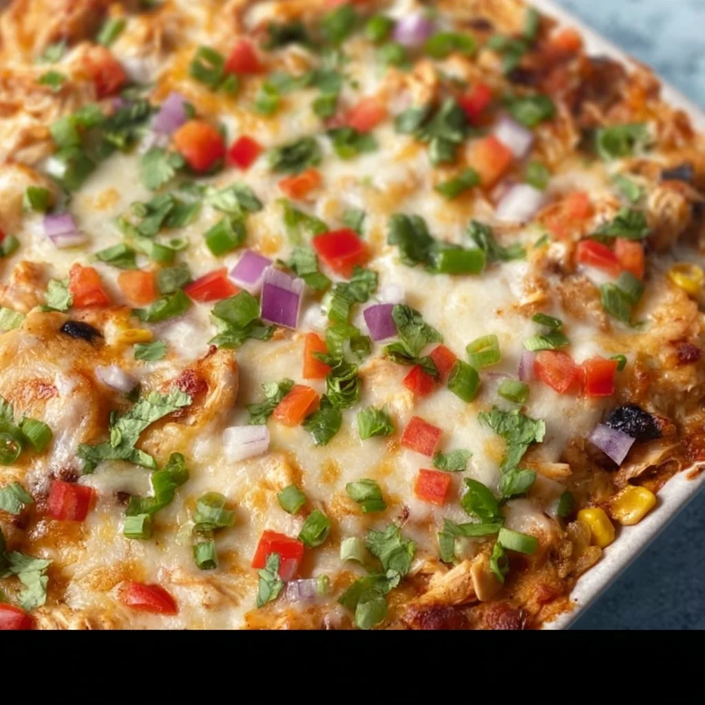 Healthy chicken burrito casserole topped with fresh ingredients and spices.