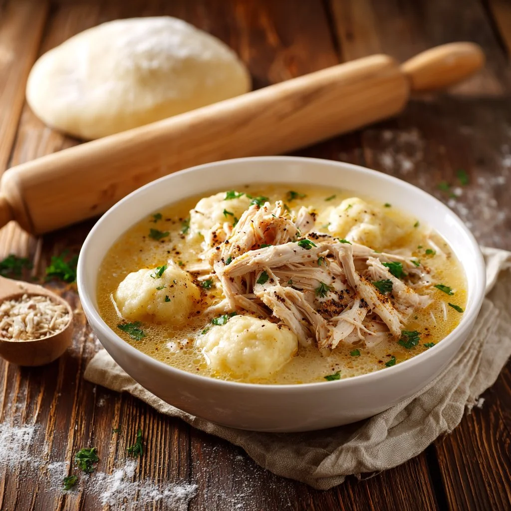 Bowl of homemade chicken and dumplings with fresh vegetables