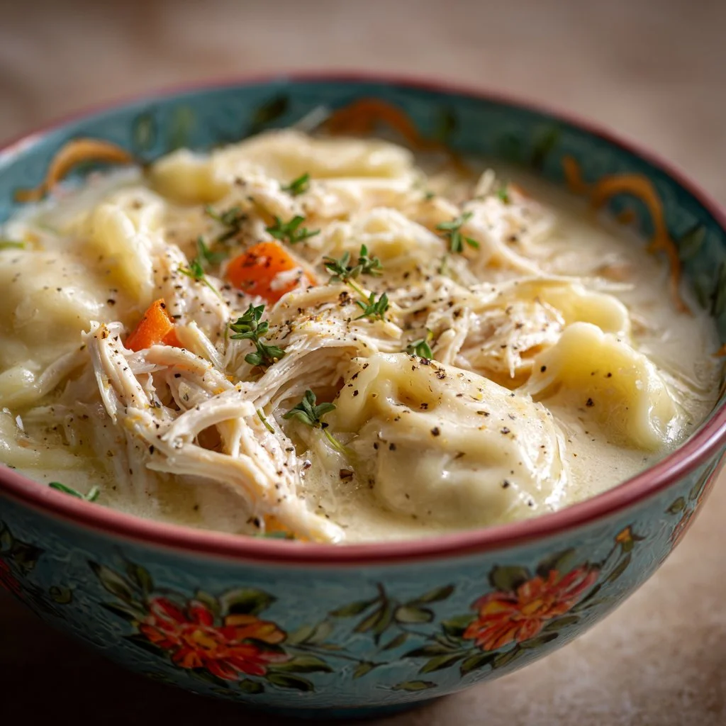 Bowl of homemade chicken and dumplings garnished with parsley