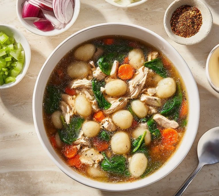 Bowl of homemade chicken gnocchi soup with fresh herbs and vegetables