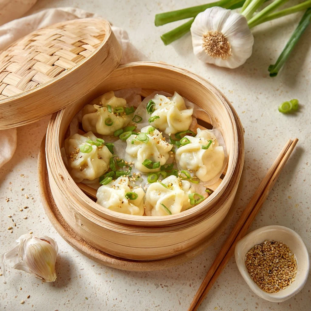 Homemade Chinese dumplings ready to be served with dipping sauce.