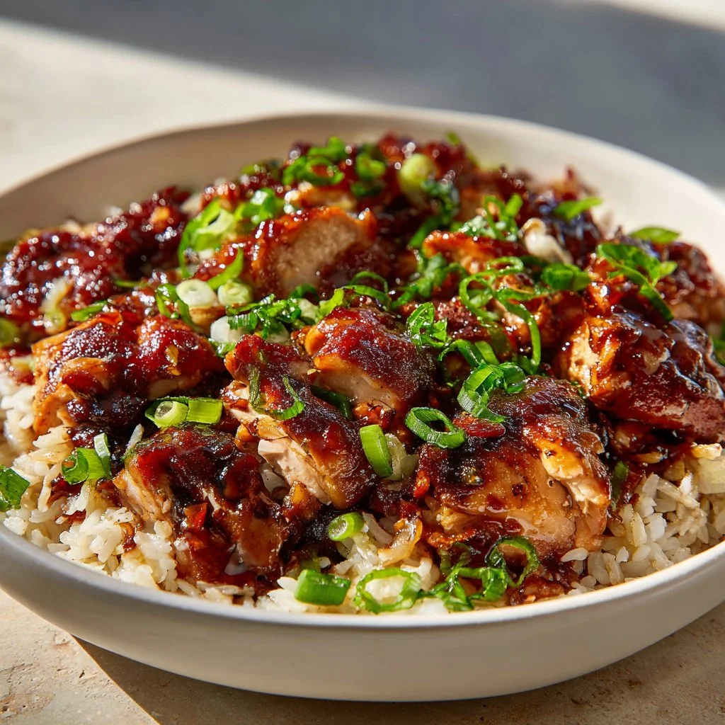 Delicious plate of Honey BBQ Chicken Rice garnished with fresh herbs.