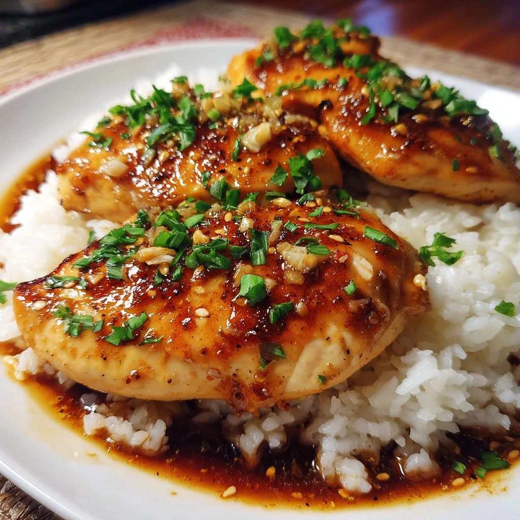Honey Garlic Chicken Breasts served on a plate with garnish