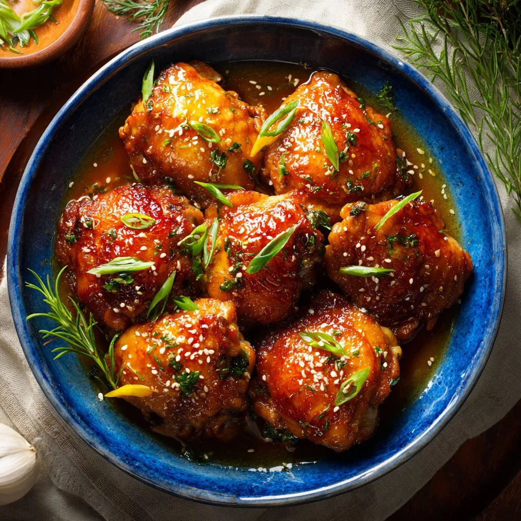 Honey Garlic Crock Pot Chicken Thighs served on a plate with herbs