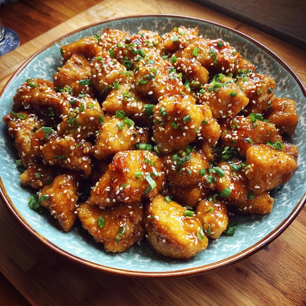 Delicious Honey Sesame Chicken garnished with sesame seeds and green onions.