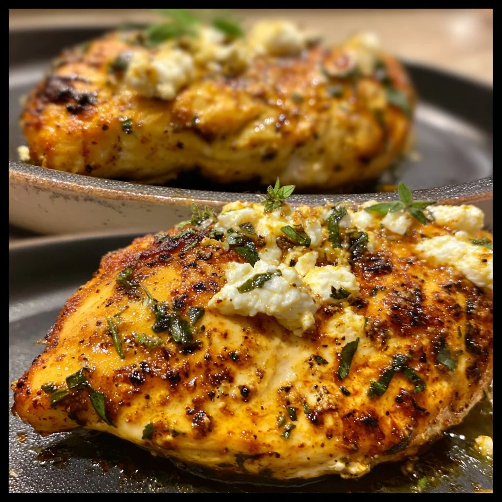 Plate of Hot Honey Feta Chicken garnished with herbs and spices