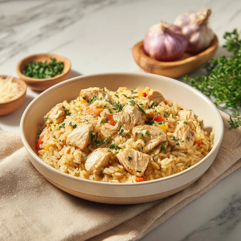 Delicious Instant Pot creamy chicken and rice served in a bowl.