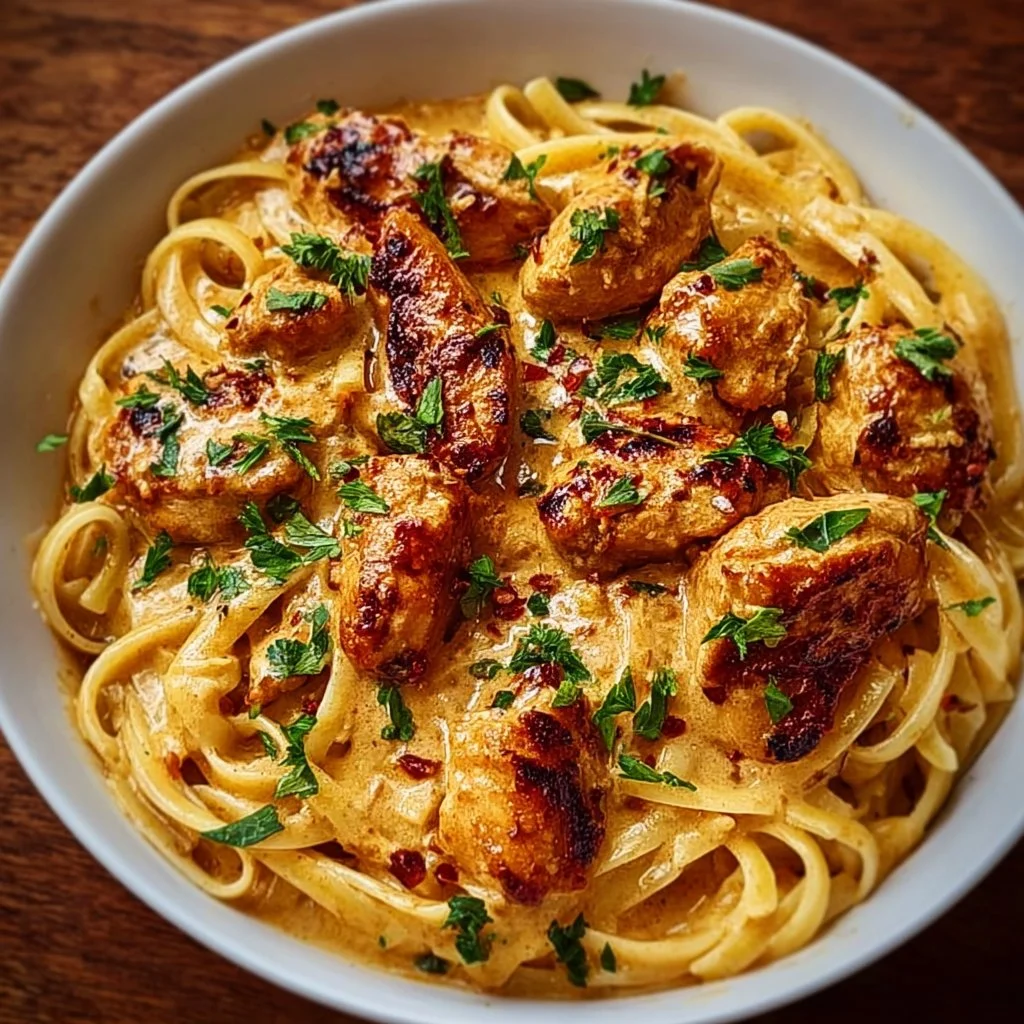 Delicious Cowboy Butter Chicken served over linguine with herbs and spices