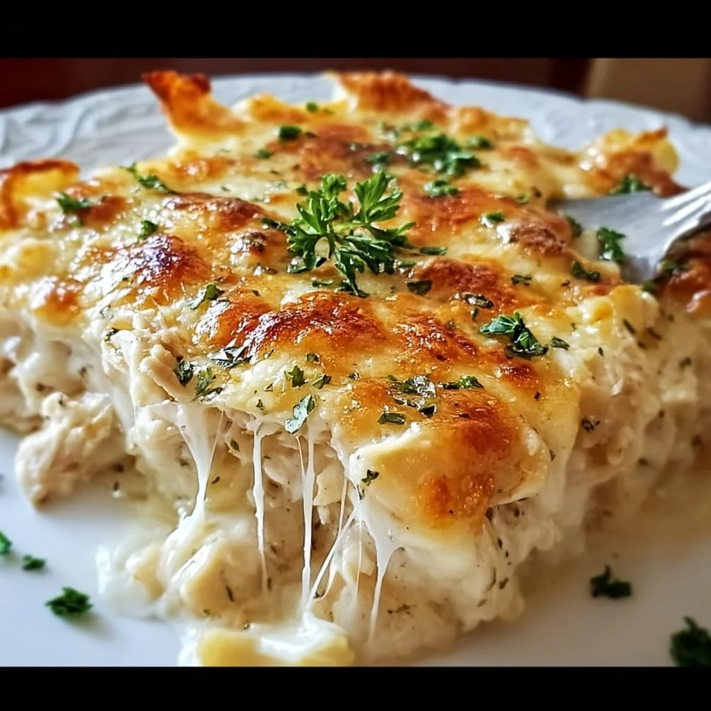 Delicious Keto Chicken Alfredo Casserole served in a dish