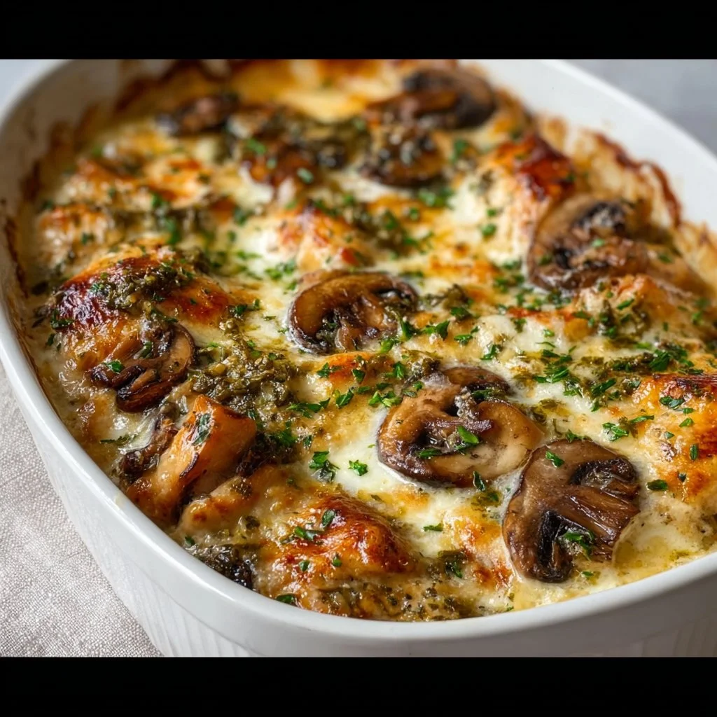 Keto Garlic Mushroom Chicken Casserole served in a baking dish