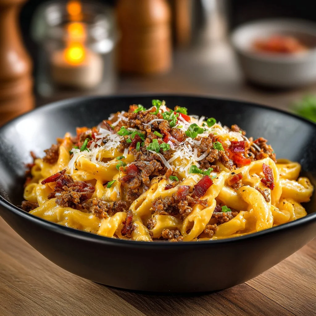 Loaded Bacon Cheeseburger Alfredo Pasta served in a bowl with toppings