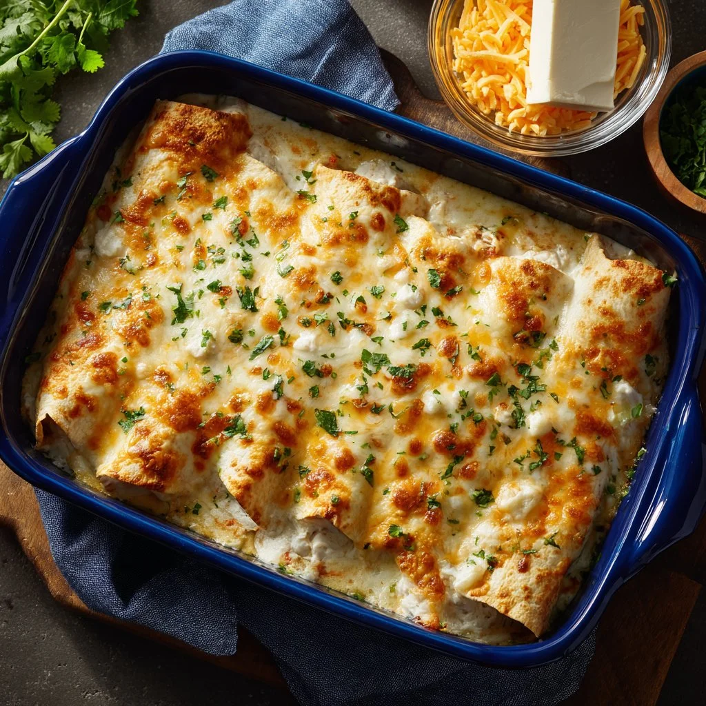 Low carb white chicken enchiladas topped with cheese and garnished with cilantro