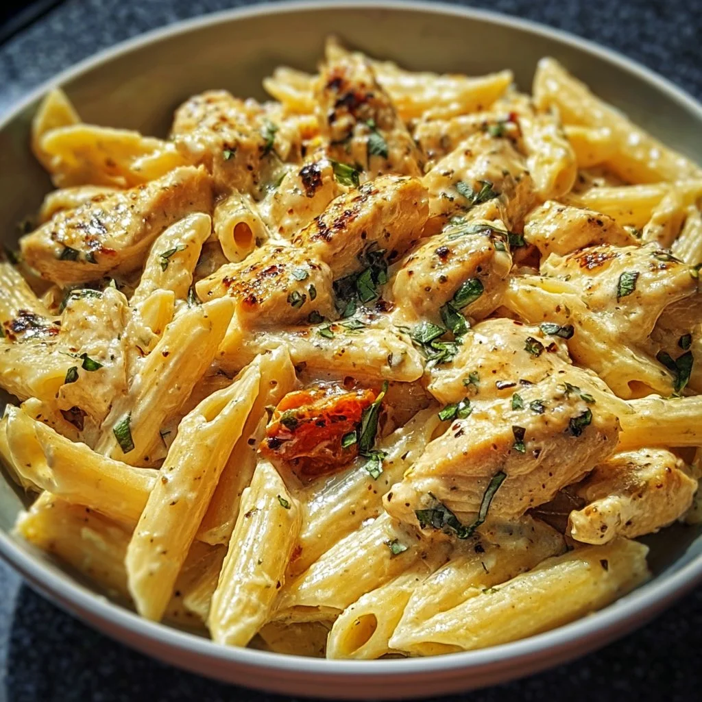 Delicious Marry Me Chicken Pasta served in a bowl with herbs and cherry tomatoes.