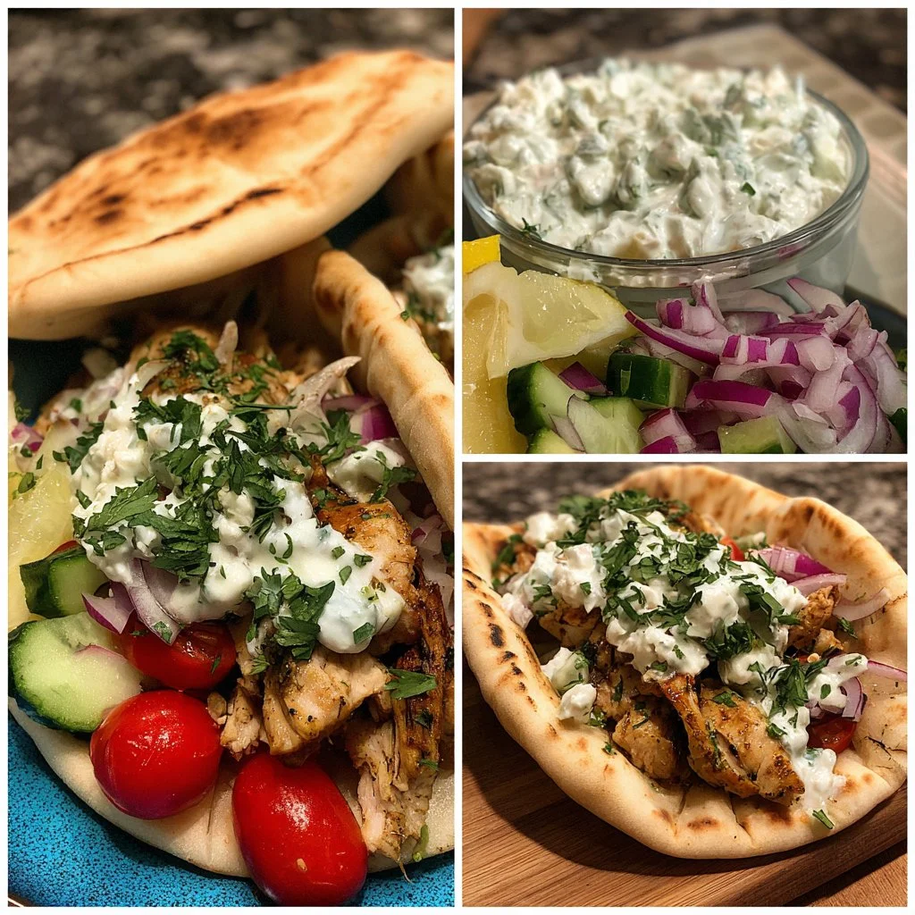Mediterranean Chicken Gyros with creamy feta tzatziki topping