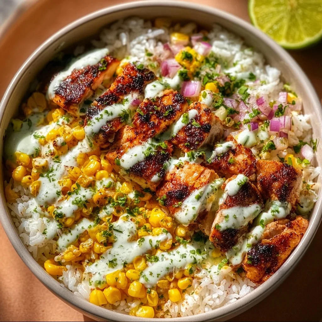 Mexican Street Corn Chicken Rice Bowl with vibrant toppings and flavors