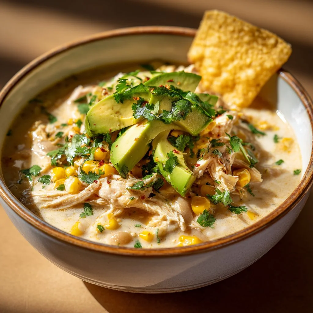 Bowl of Mexican Street Corn White Chicken Chili topped with cilantro and lime.