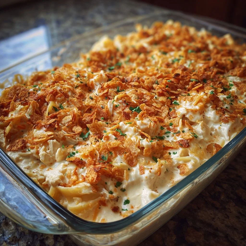 Delicious Million Dollar Chicken Casserole topped with cheese and breadcrumbs