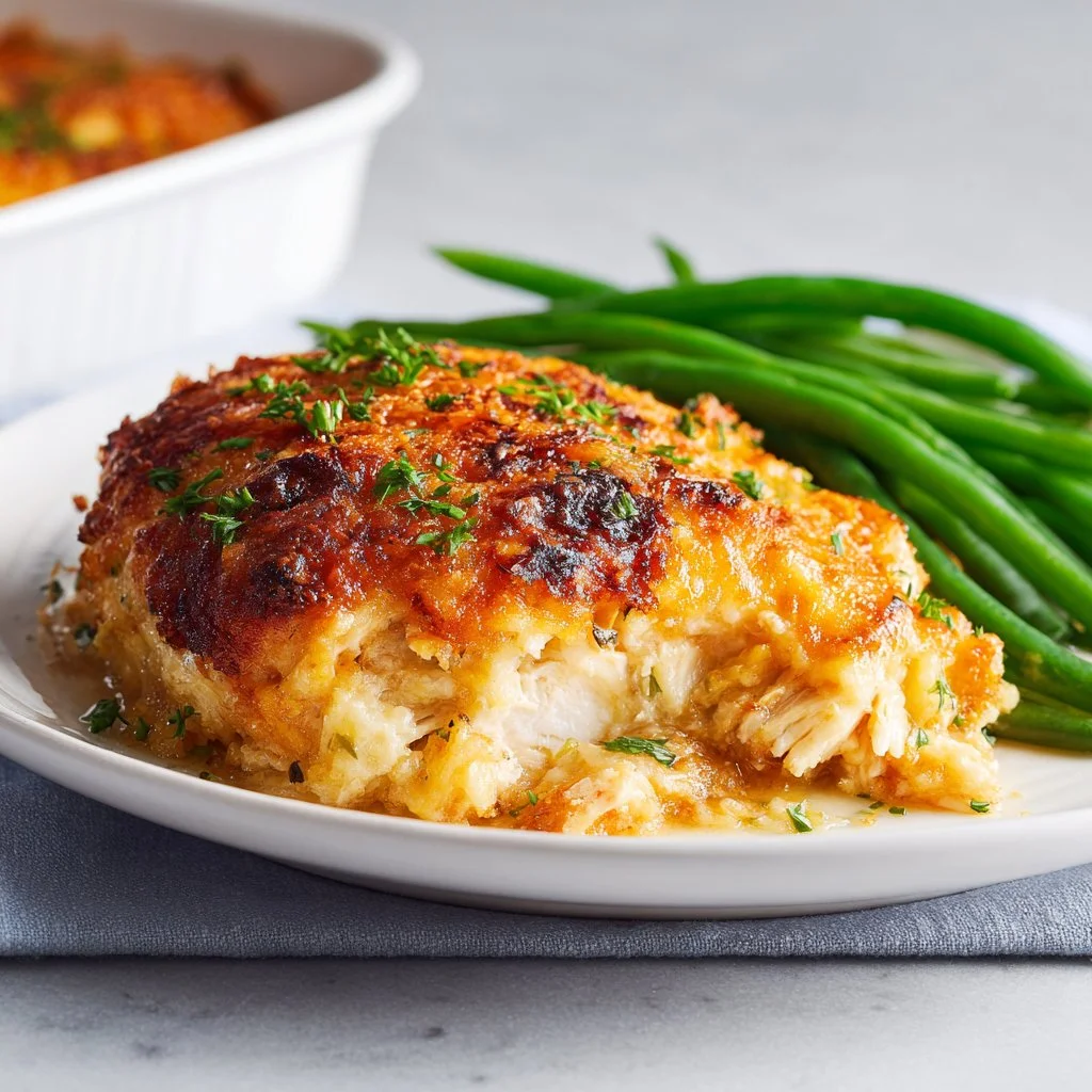 Million Dollar Chicken Casserole topped with golden breadcrumbs and herbs