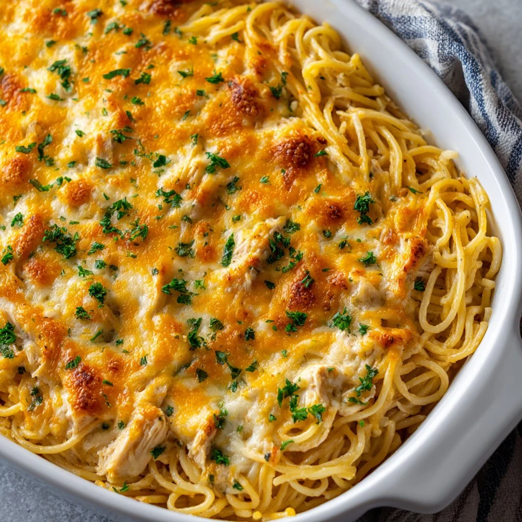 Delicious Million Dollar Chicken Casserole served in a baking dish