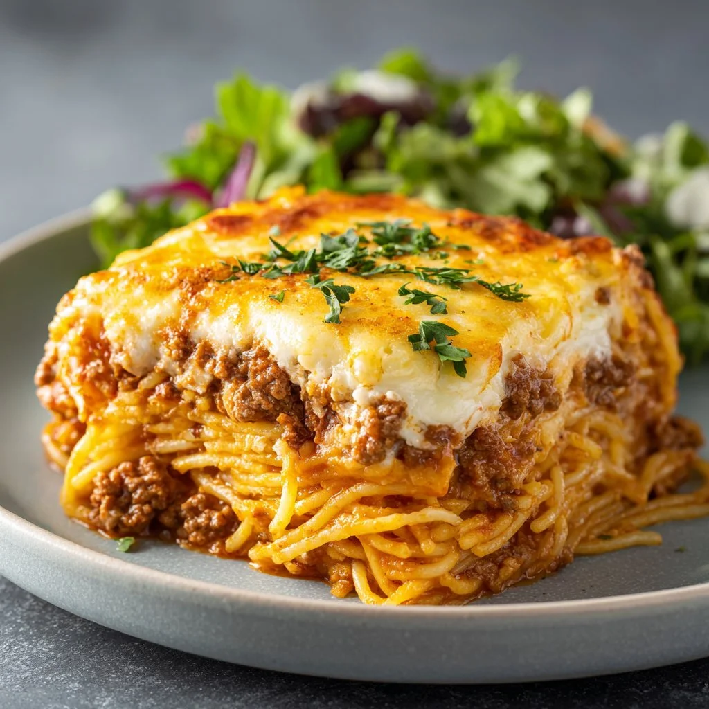 A delicious serving of Million Dollar Spaghetti topped with cheese and herbs.