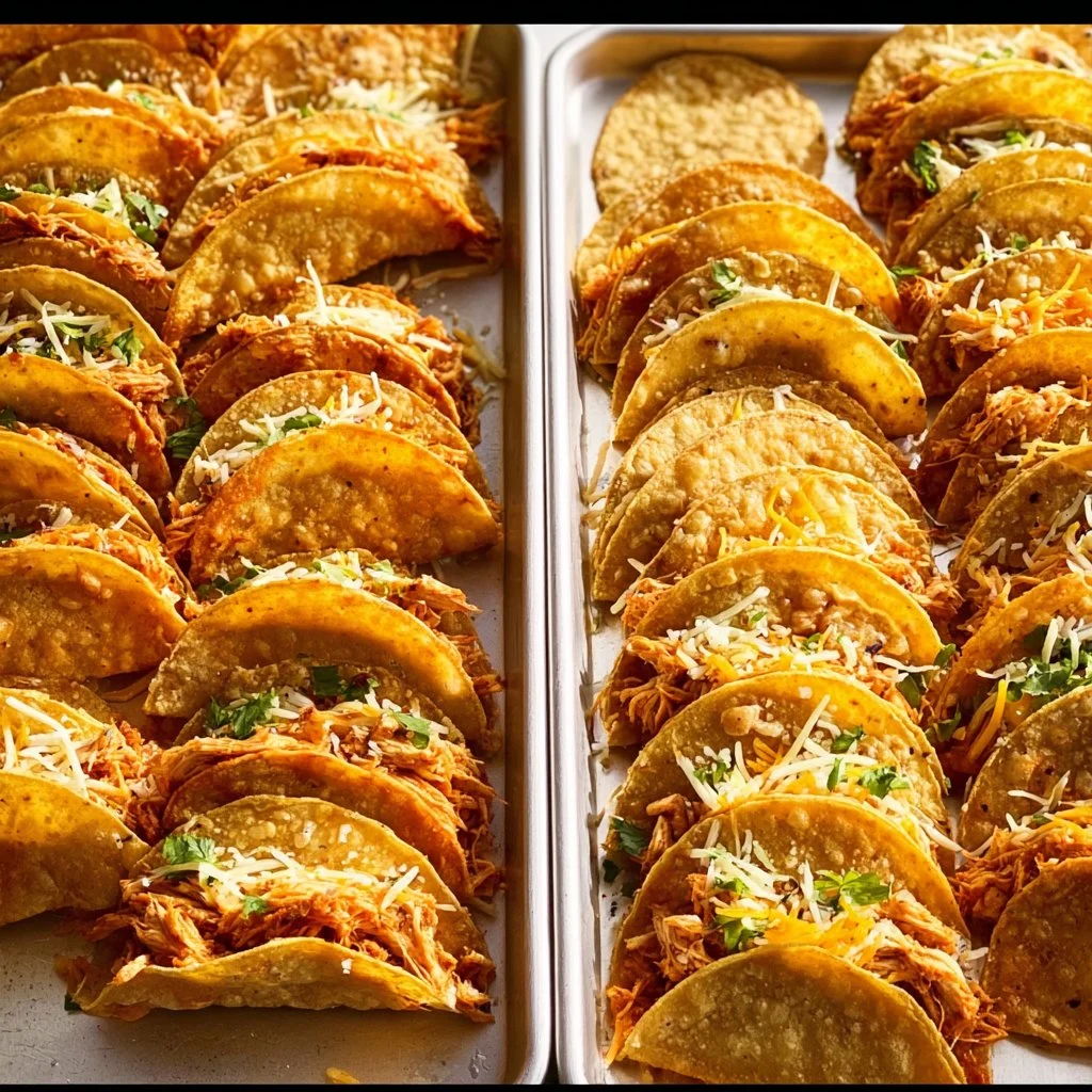 Mini baked chicken tacos served on a platter with toppings