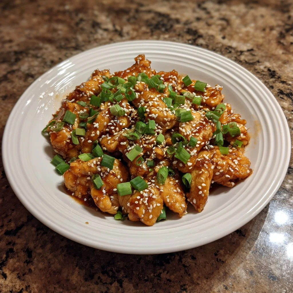Delicious plate of Mongolian Chicken with savory sauce and vegetables