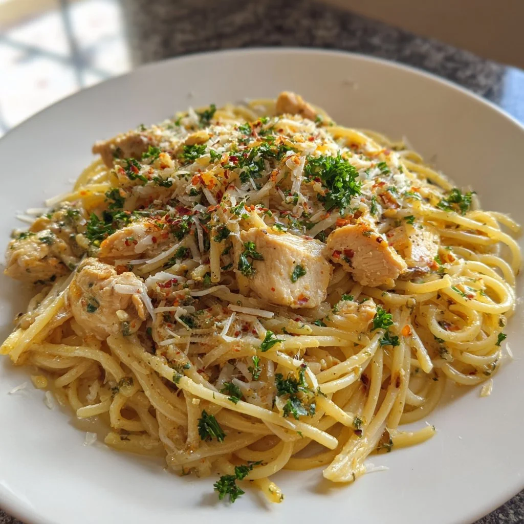 A plate of Monterey Chicken Spaghetti garnished with fresh herbs and veggies.