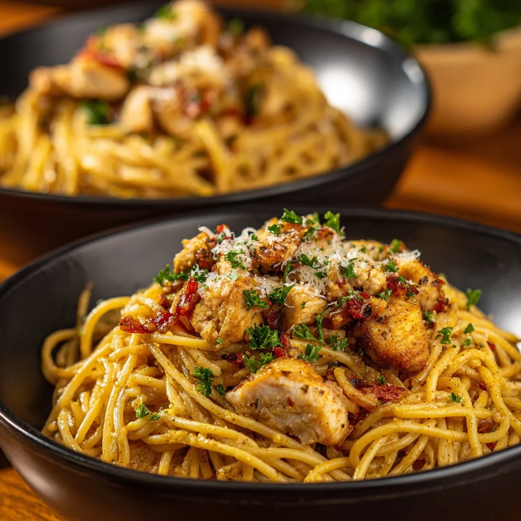 Delicious Monterey Chicken Spaghetti served with garnish
