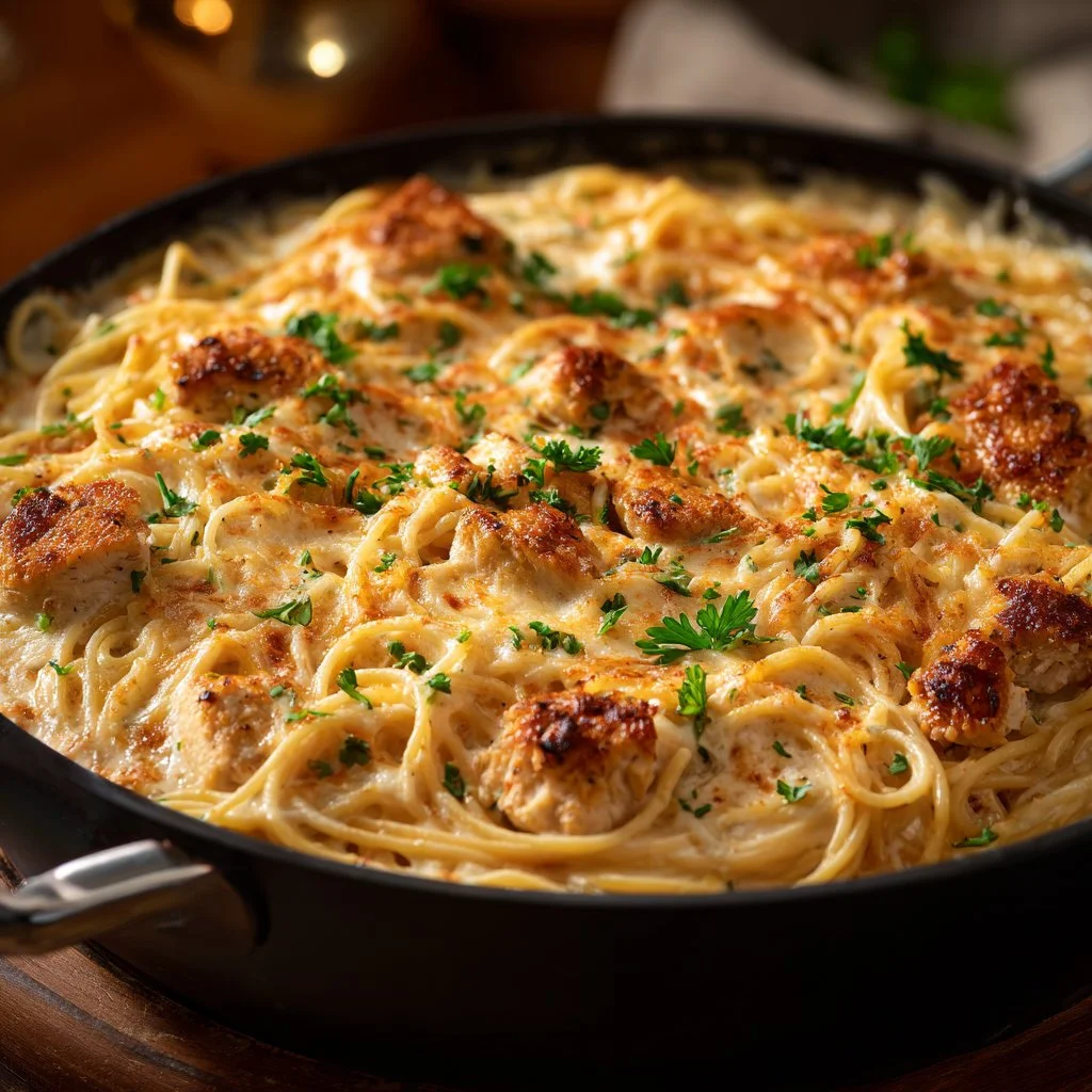 Delicious Monterey Chicken Spaghetti Casserole topped with cheese and herbs