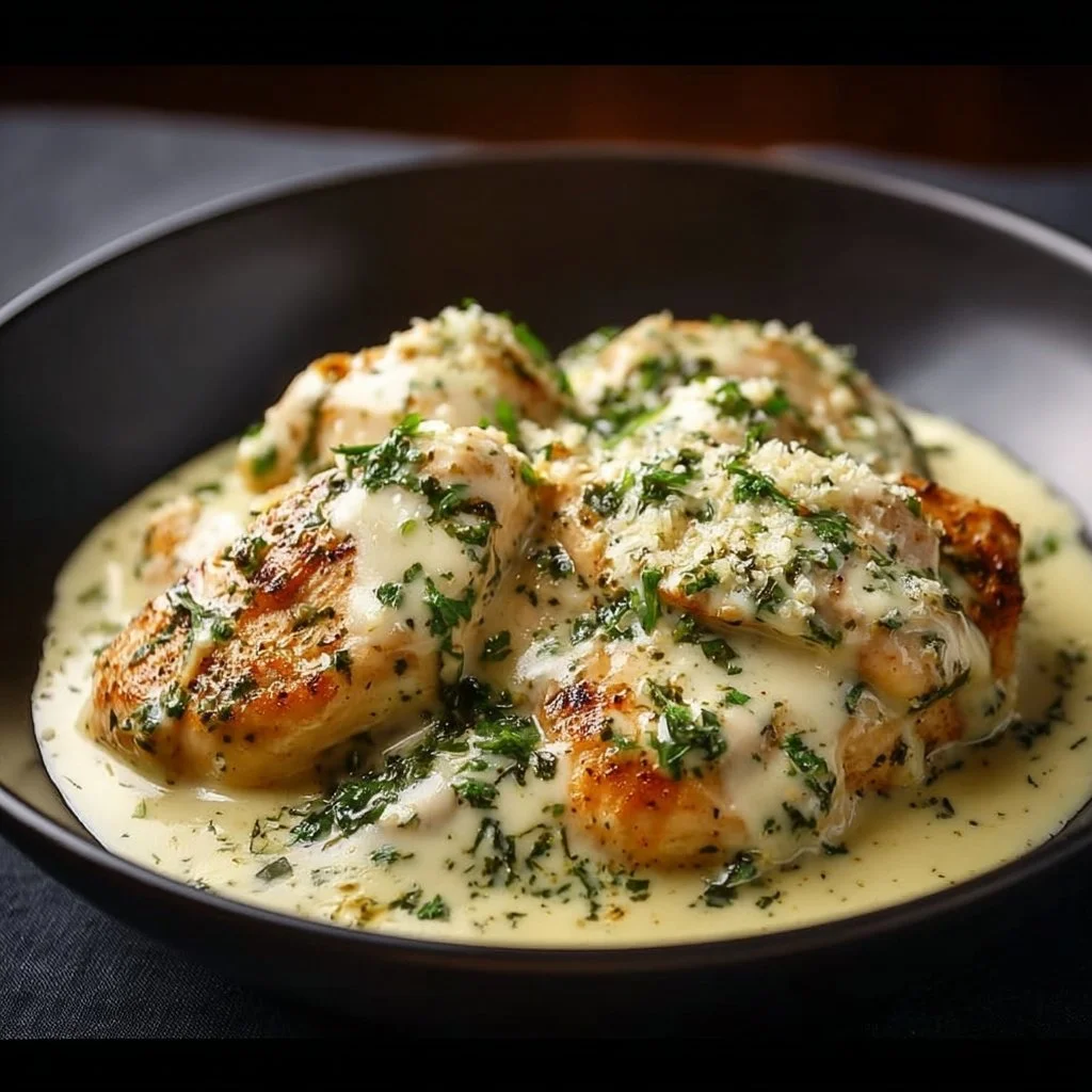 Mozzarella chicken in basil cream sauce garnished with fresh basil