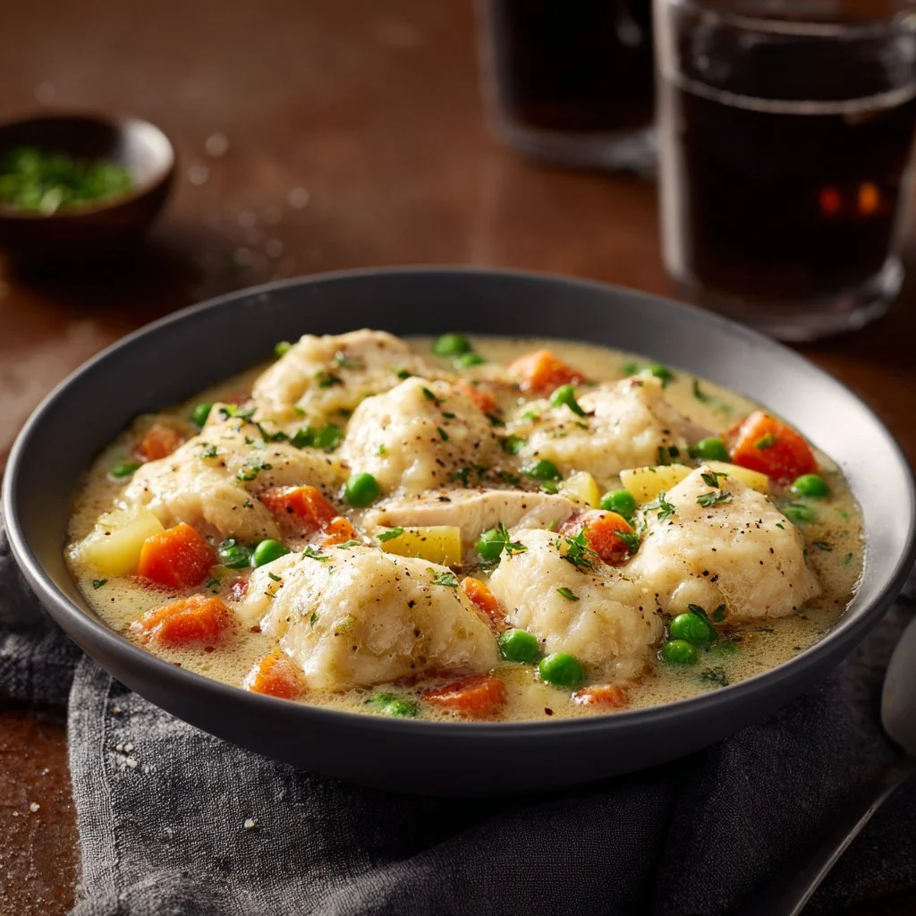 Bowl of old fashioned chicken and dumplings garnished with herbs