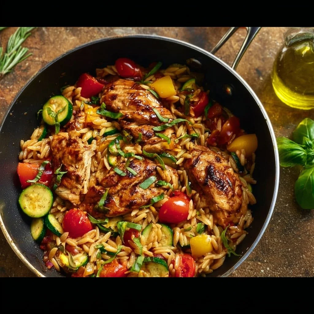 One-pan balsamic chicken orzo dish with vegetables and herbs