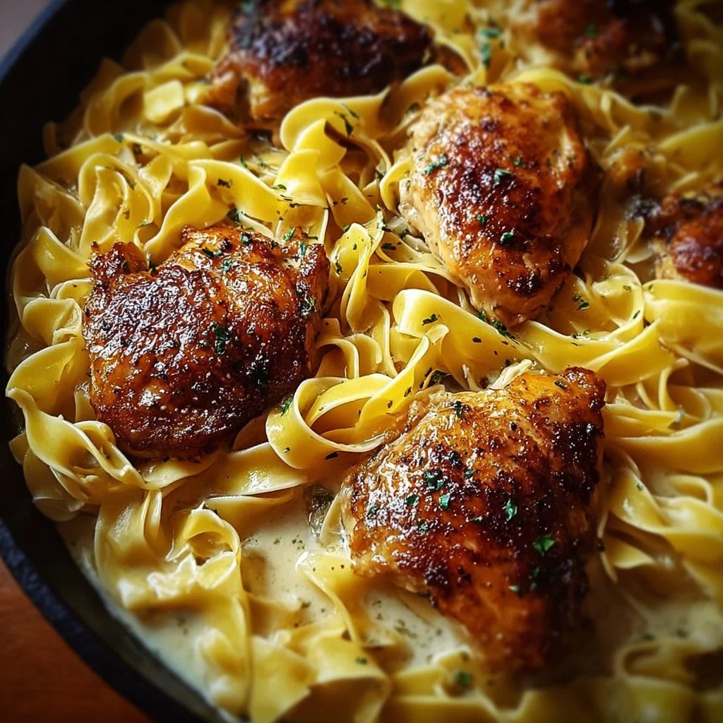 One-Pan Chicken with Buttered Noodles dish on a plate