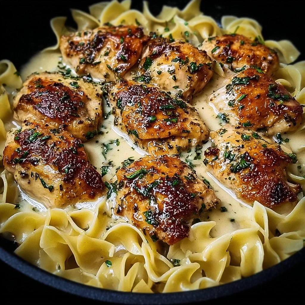 One-Pan Chicken with Buttered Noodles recipe served on a plate