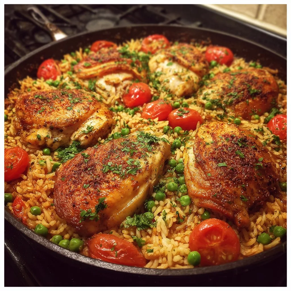 One Pan Mediterranean Chicken and Rice dish served on a plate with herbs