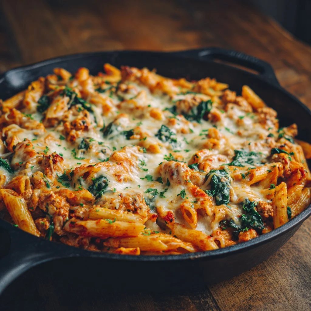 One-Skillet Cheesy Ground Chicken Pasta served in a skillet with melted cheese.