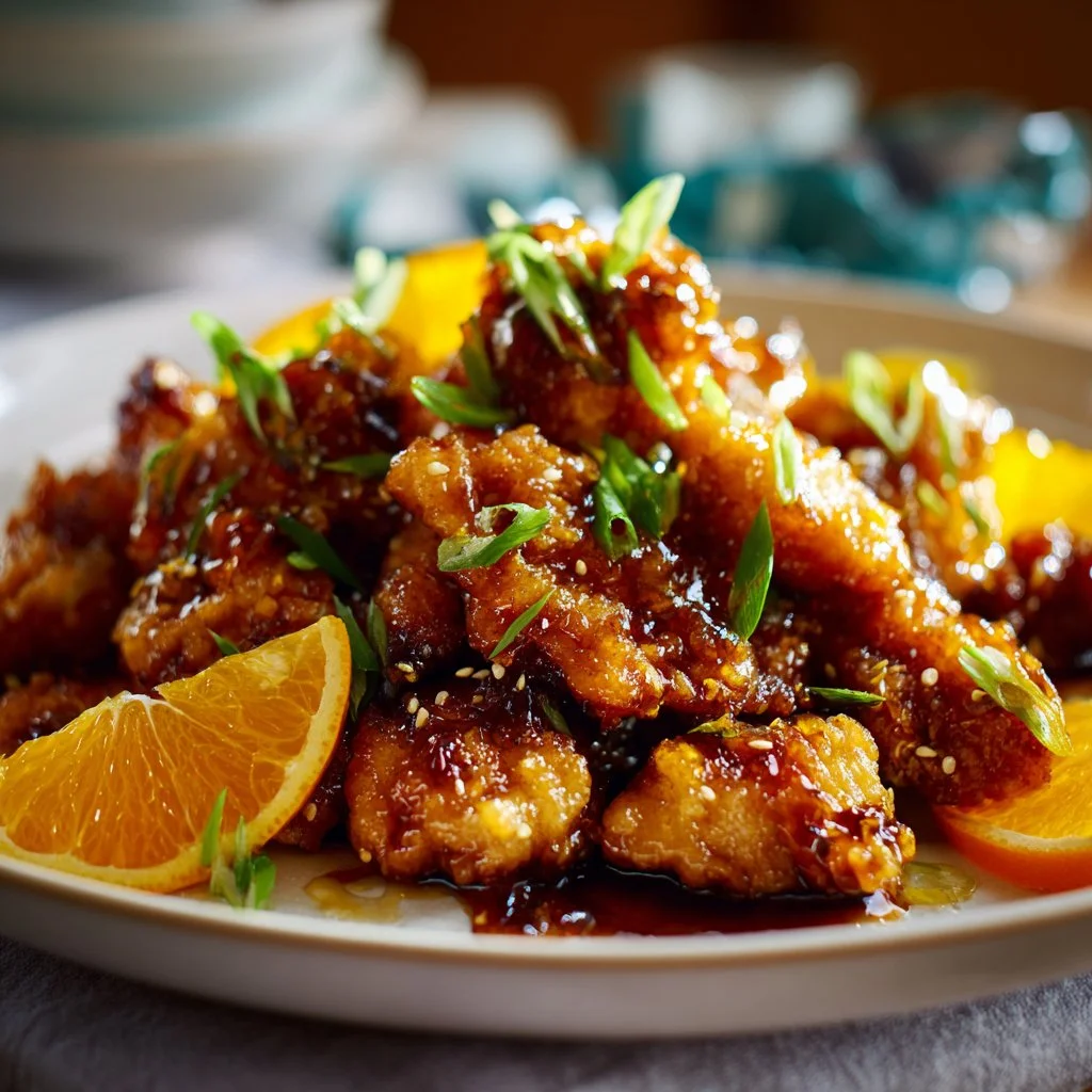 Plate of crispy Orange Chicken with vibrant orange sauce and garnishes