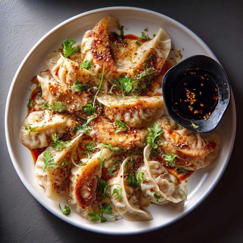 Crispy pan-fried chicken dumplings served with dipping sauce