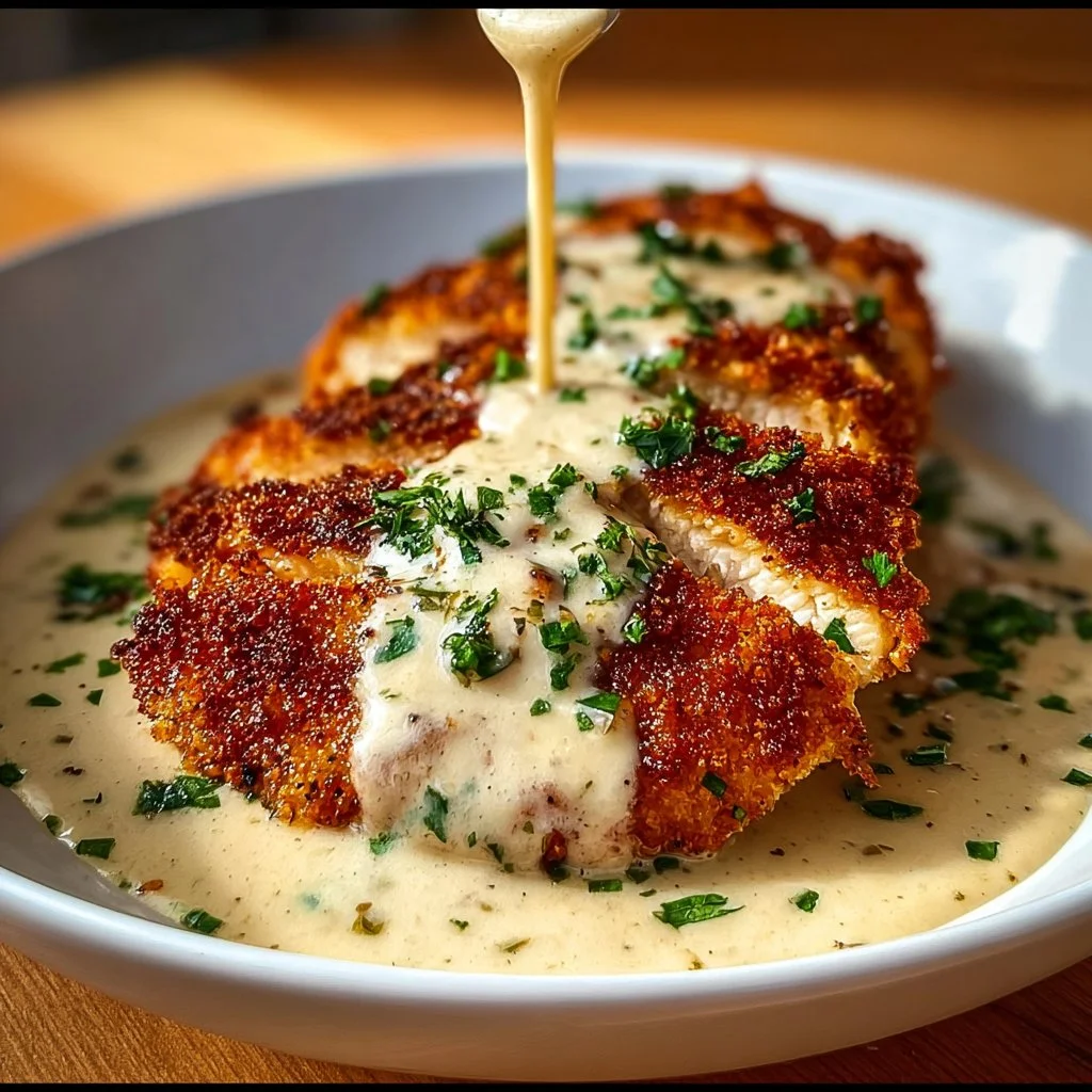 Parmesan Crusted Chicken with Creamy Garlic Sauce on a plate